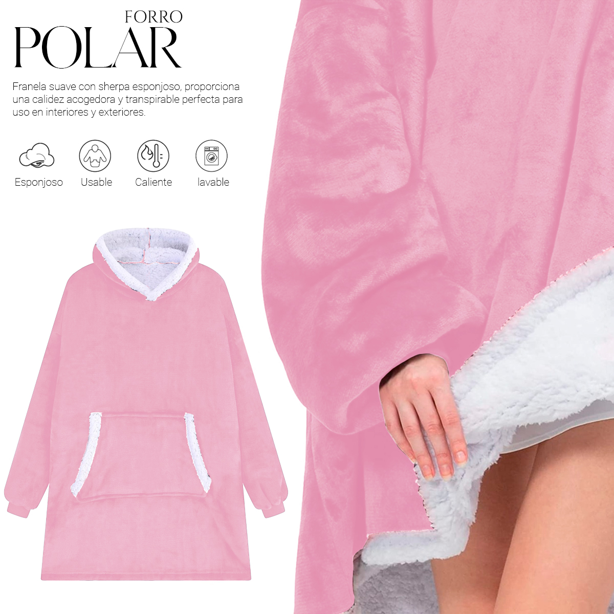 Sudadera Cobija Color Rosa Hoodie Con Capucha Afelpada Calientita Suave