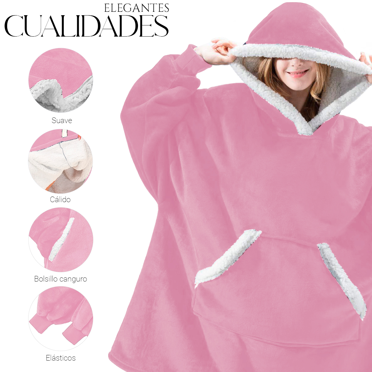 Sudadera Cobija Color Rosa Hoodie Con Capucha Afelpada Calientita Suave