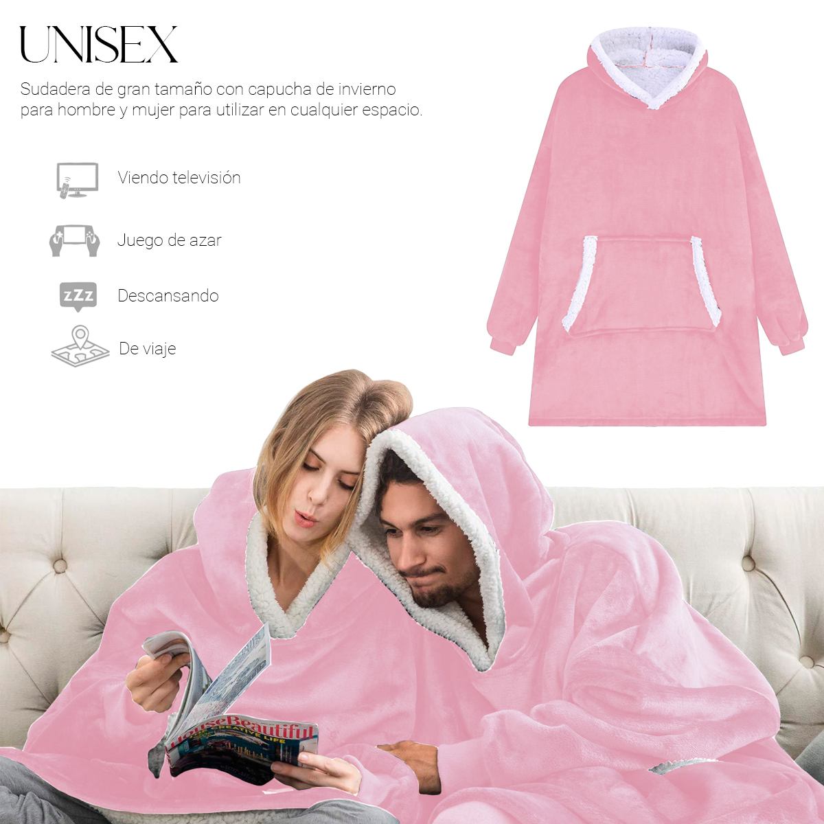 Sudadera Cobija Color Rosa Hoodie Con Capucha Afelpada Calientita Suave