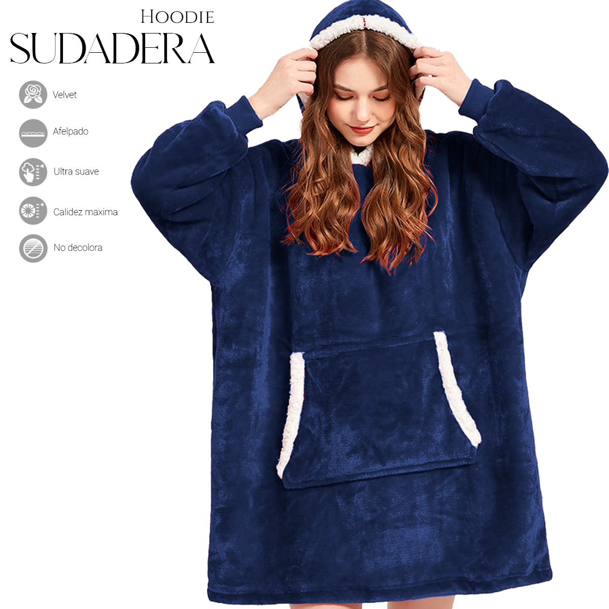 Sudadera Cobija Color Azul Hoodie Con Capucha Afelpada Calientita Suave