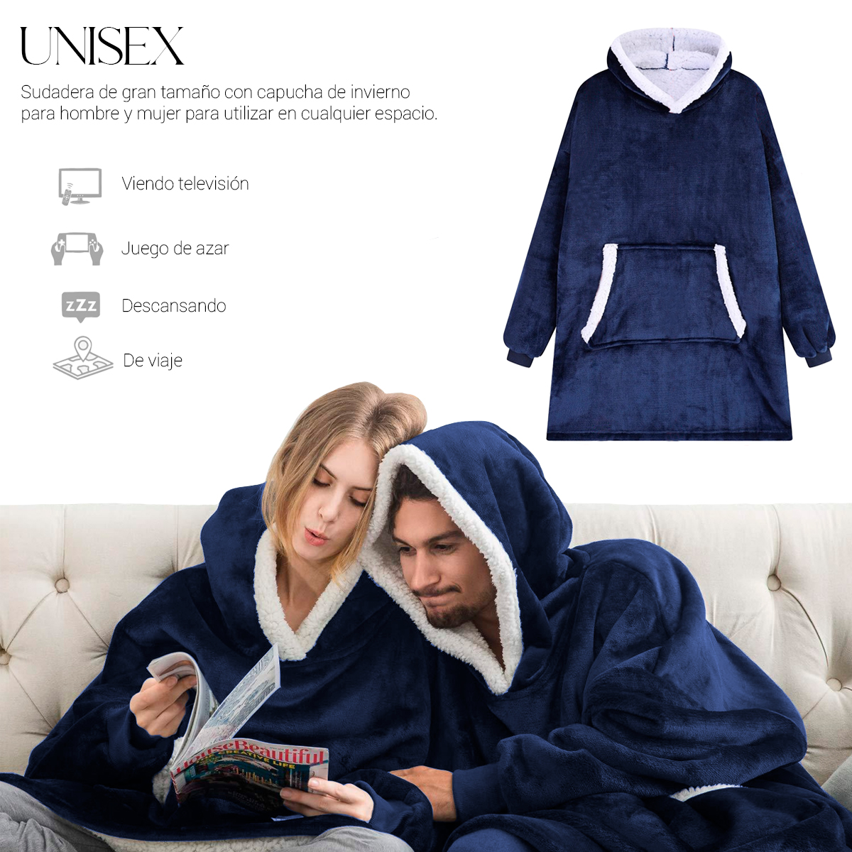 Sudadera Cobija Color Azul Hoodie Con Capucha Afelpada Calientita Suave