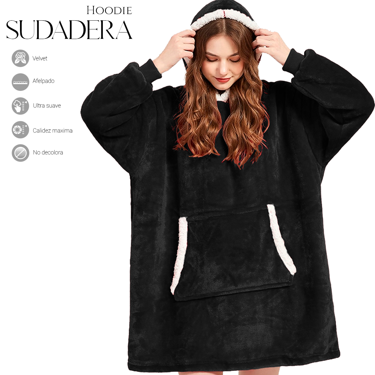 Sudadera Cobija Color Negro Hoodie Con Capucha Afelpada Calientita Suave