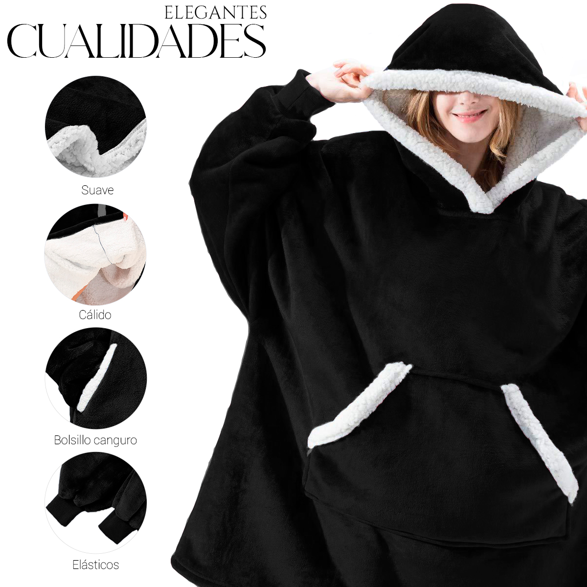 Sudadera Cobija Color Negro Hoodie Con Capucha Afelpada Calientita Suave
