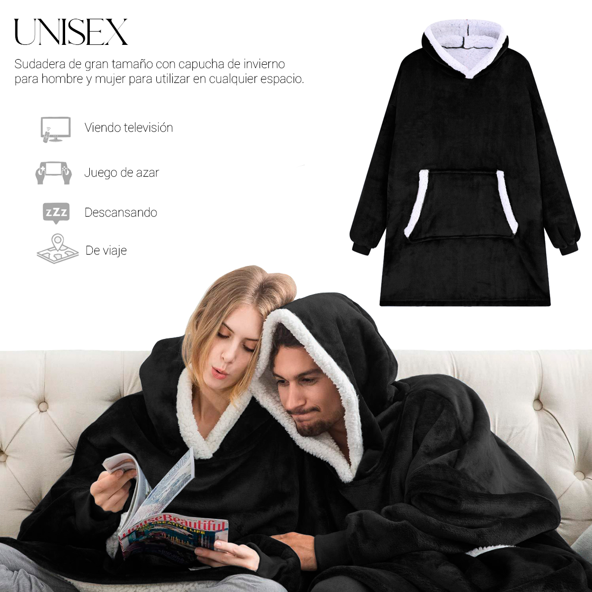 Sudadera Cobija Color Negro Hoodie Con Capucha Afelpada Calientita Suave