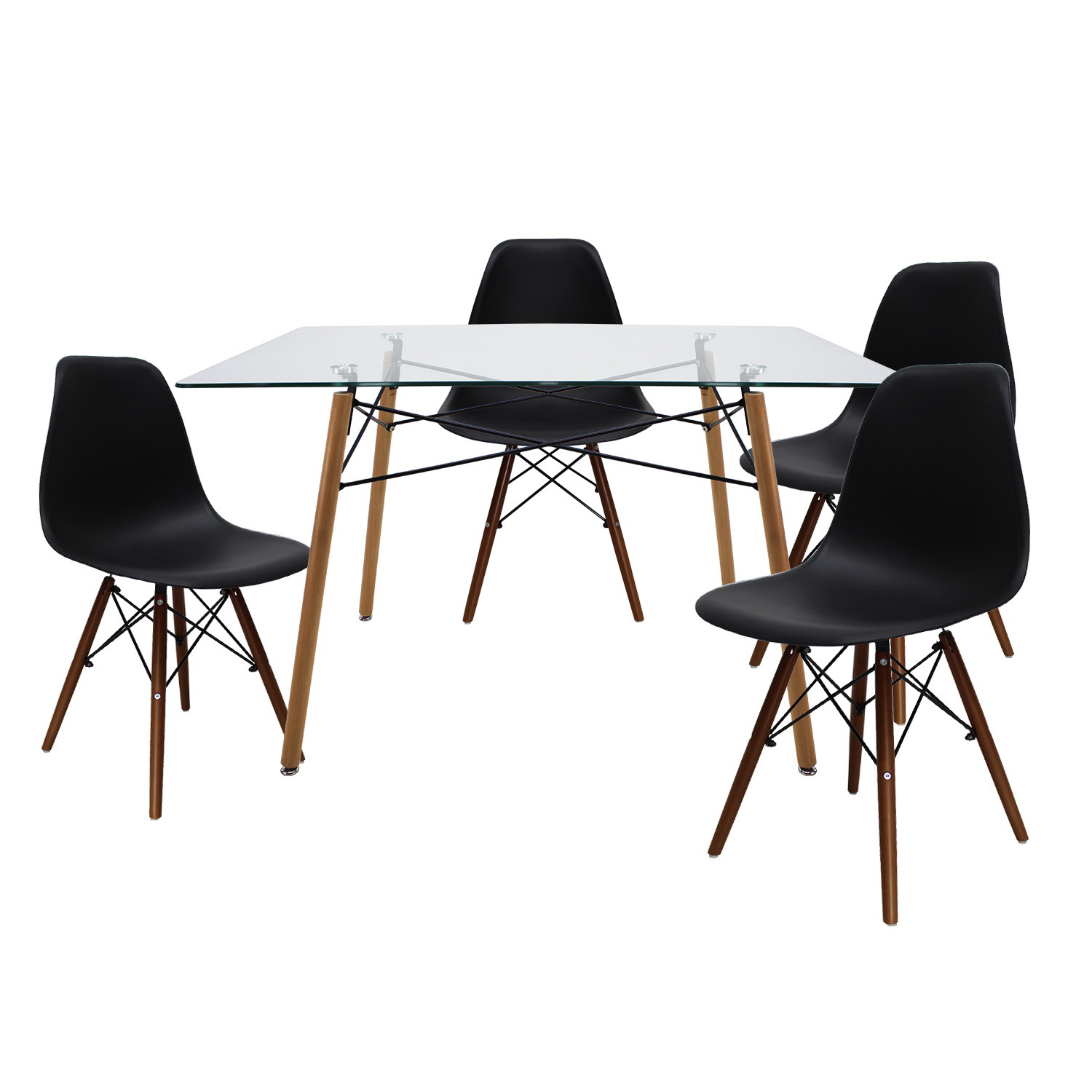 Set de comedor Cristal 120 cm Oslo y 4 sillas Eames Negro base Nogal.