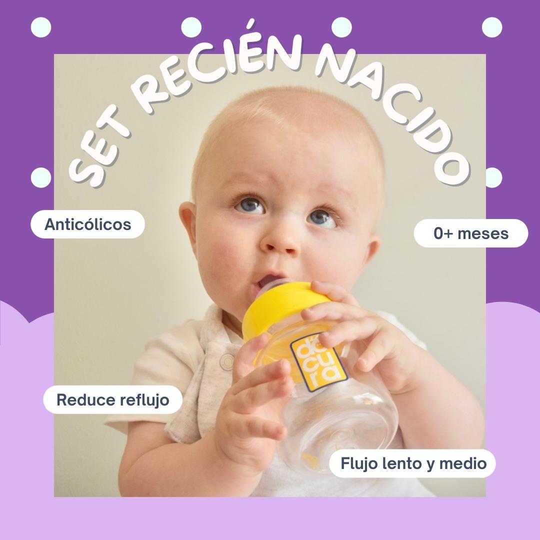 DOCURA  Set Para Recién Nacido Biberones De Boca Ancha 8 Piezas Silicón Líquido Flujo Lento y Medio Anti cólicos Antireflujo Libre de BPA