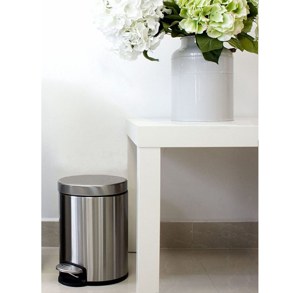 Bote de Basura Chico para Baño, Oficina. 5 Litros, Acero Inoxidable. Con Cubo Interior Extraíble, Tapa y Pedal.