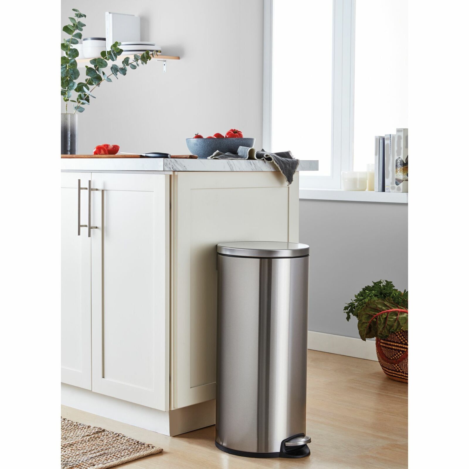 Bote de Basura Grande para Cocina, Baño, Oficina. 30 Litros, Acero Inoxidable. Con Cubo Interior, Tapa y Pedal.