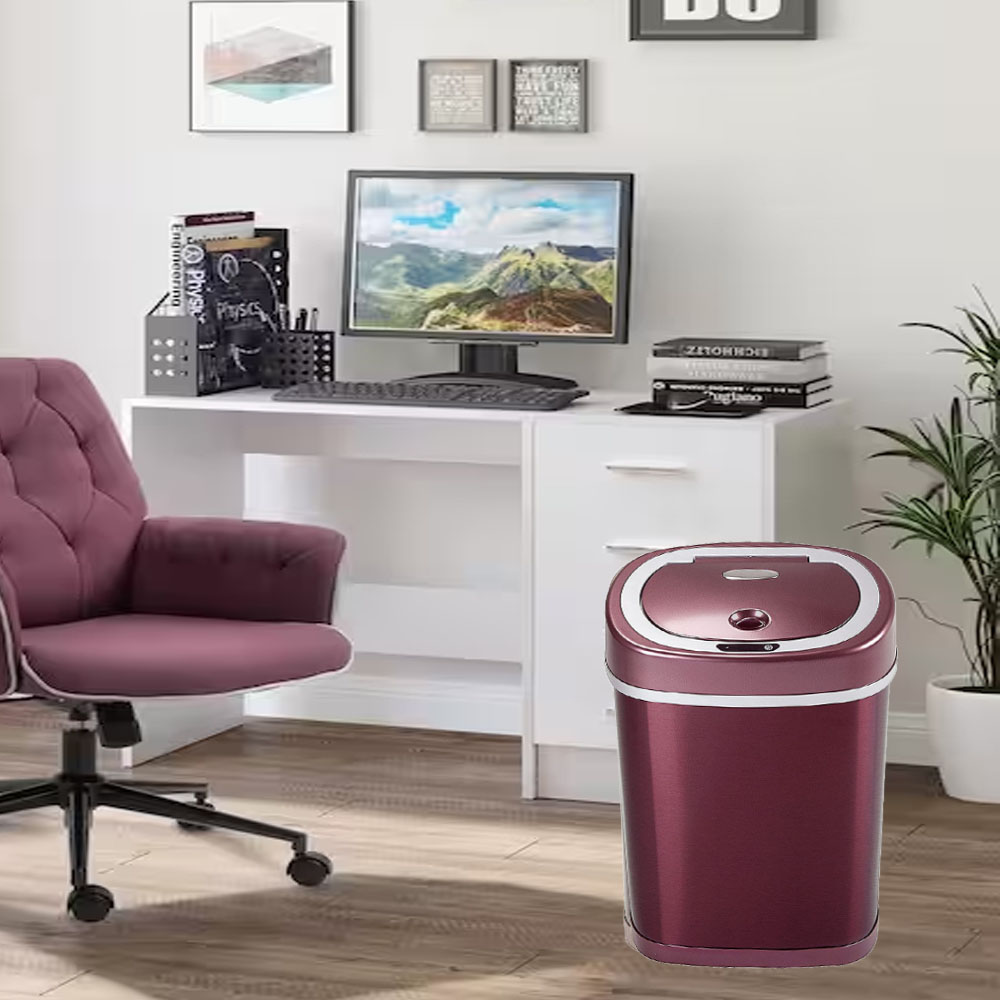 Bote de Basura Inteligente Para Cocina, Baño, Oficina 15 Litros, Acero Inoxidable. Con Tapa Automática de Sensor de Movimiento. Color Burgundi.