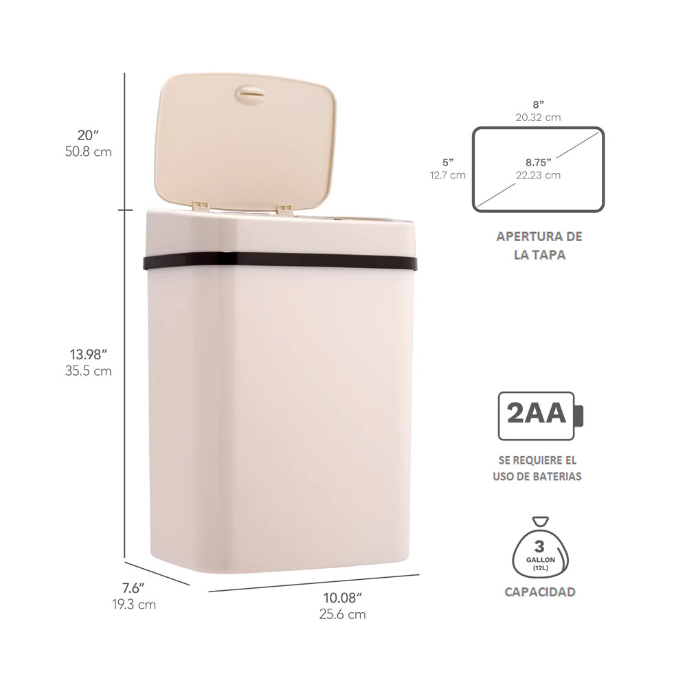 Bote de Basura Inteligente Para Baño, Cocina, Oficina. Chico 12 Litros, con Cubo Interior y Tapa Automática con Sensor de Movimiento. Color Marfil.