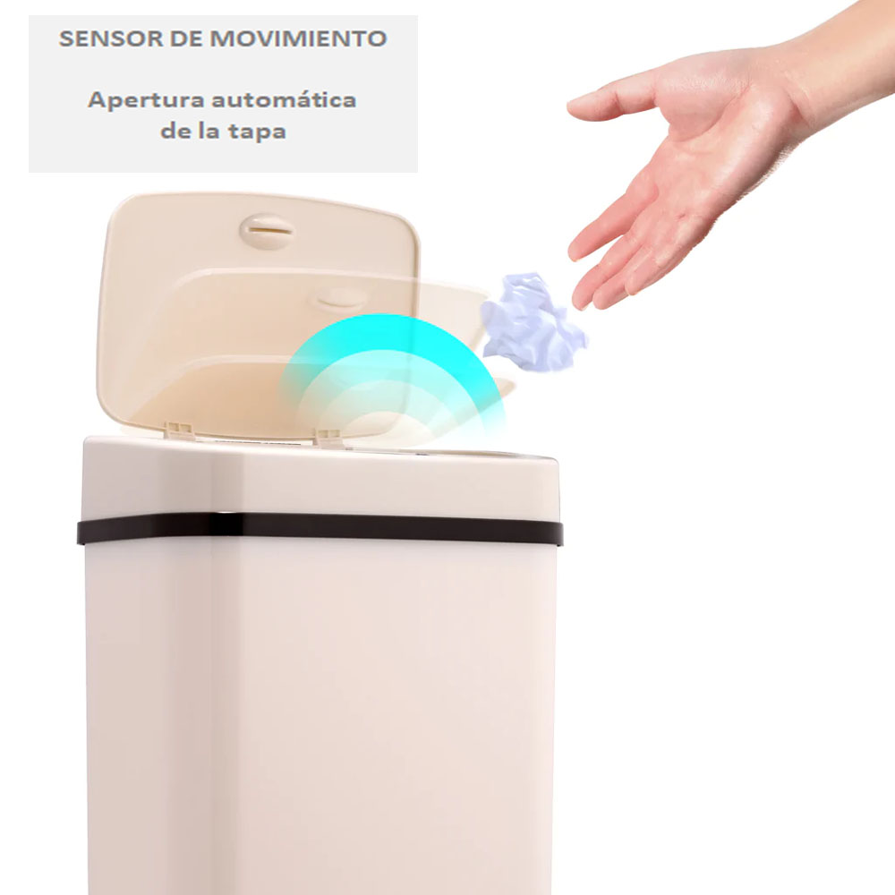 Bote de Basura Inteligente Para Baño, Cocina, Oficina. Chico 12 Litros, con Cubo Interior y Tapa Automática con Sensor de Movimiento. Color Marfil.