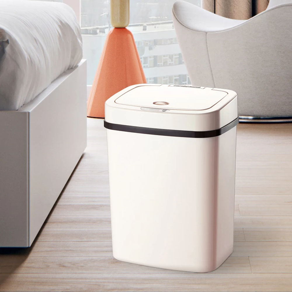 Bote de Basura Inteligente Para Baño, Cocina, Oficina. Chico 12 Litros, con Cubo Interior y Tapa Automática con Sensor de Movimiento. Color Marfil.
