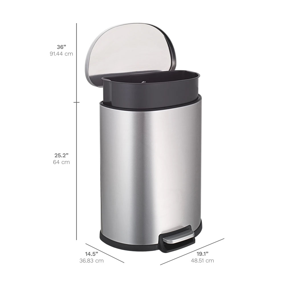 Bote de Basura Grande para Cocina, Baño, Oficina. 50 Litros, Acero Inoxidable. con Cubo Interior, Tapa y Pedal. Semicircular.