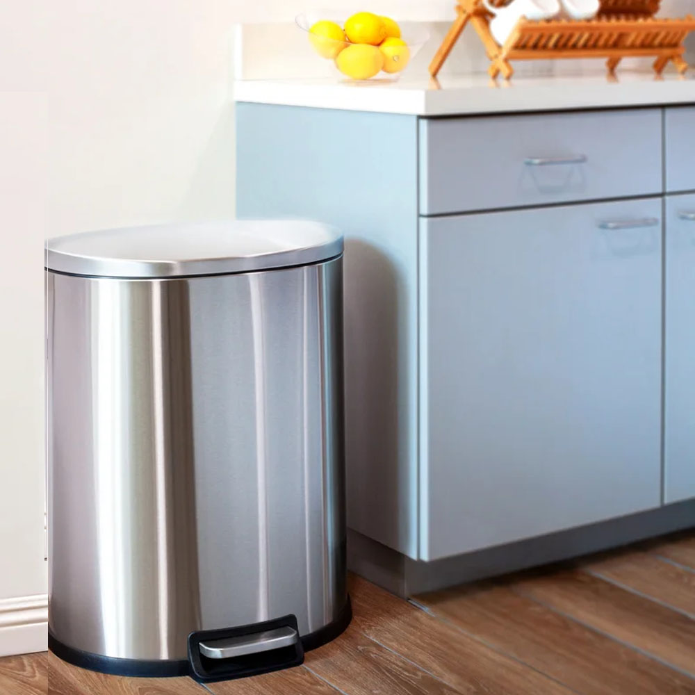 Bote de Basura Grande para Cocina, Baño, Oficina. 50 Litros, Acero Inoxidable. con Cubo Interior, Tapa y Pedal. Semicircular.
