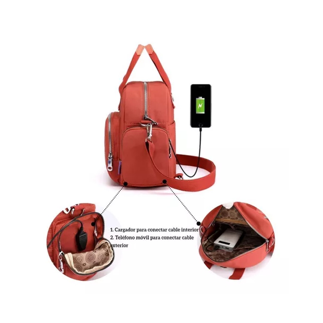 Mochila Bolso Mujer Nylon Multifuncional Con Usb P/ Viaje