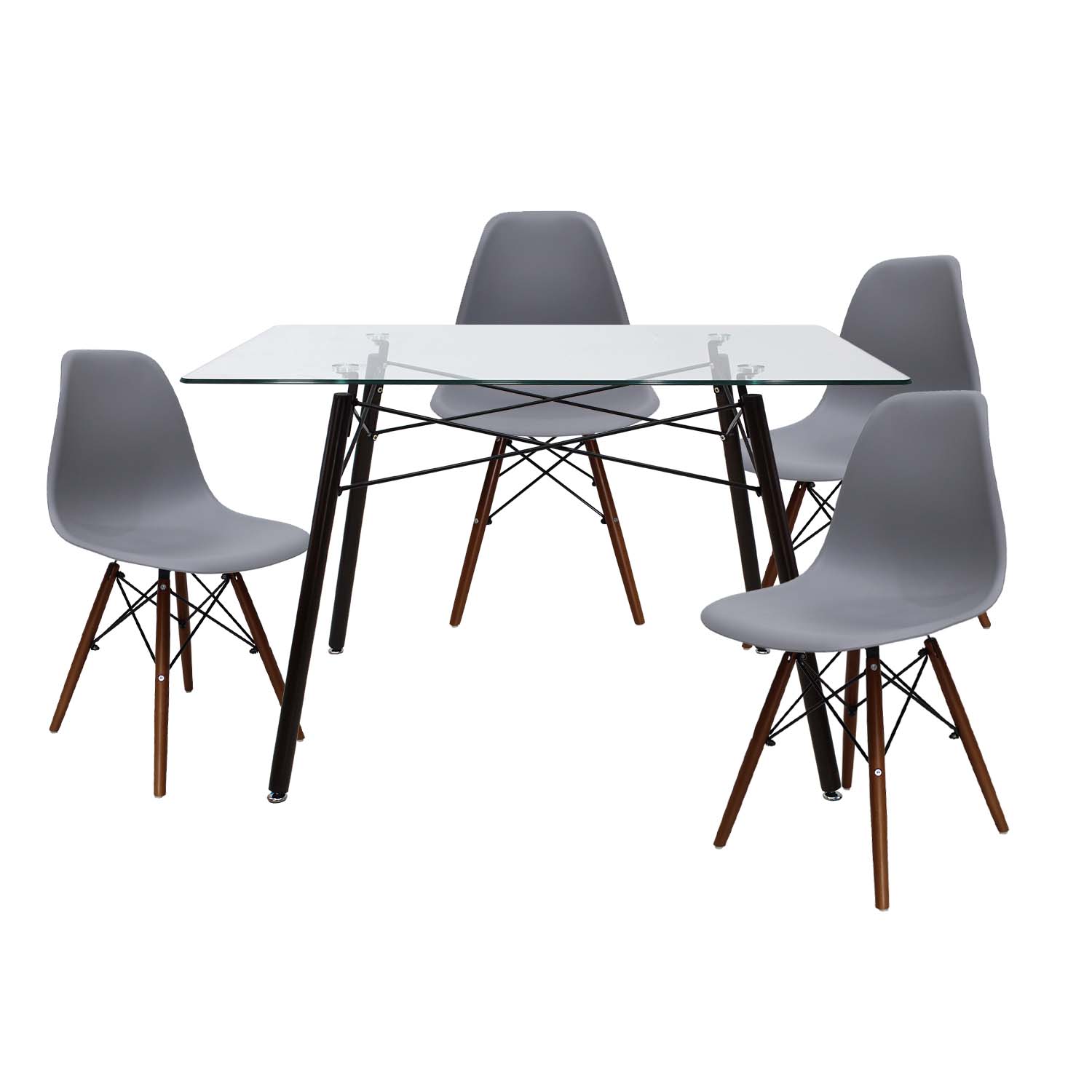 Set de comedor Cristal Oslo Nogal  y 4 sillas Eames Gris base Nogal Mundo In.