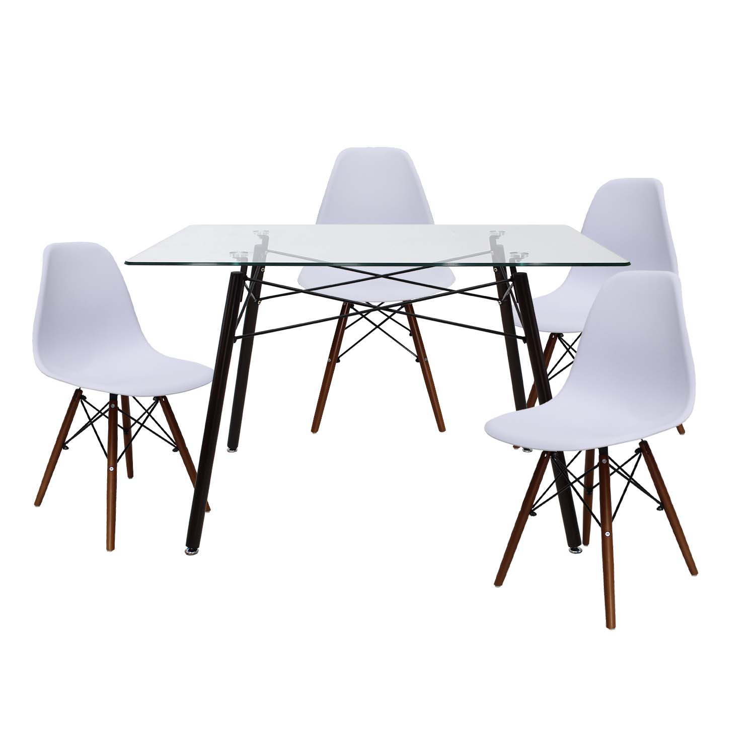Set de comedor Cristal Oslo Nogal  y 4 sillas Eames Blanco base Nogal Mundo In.