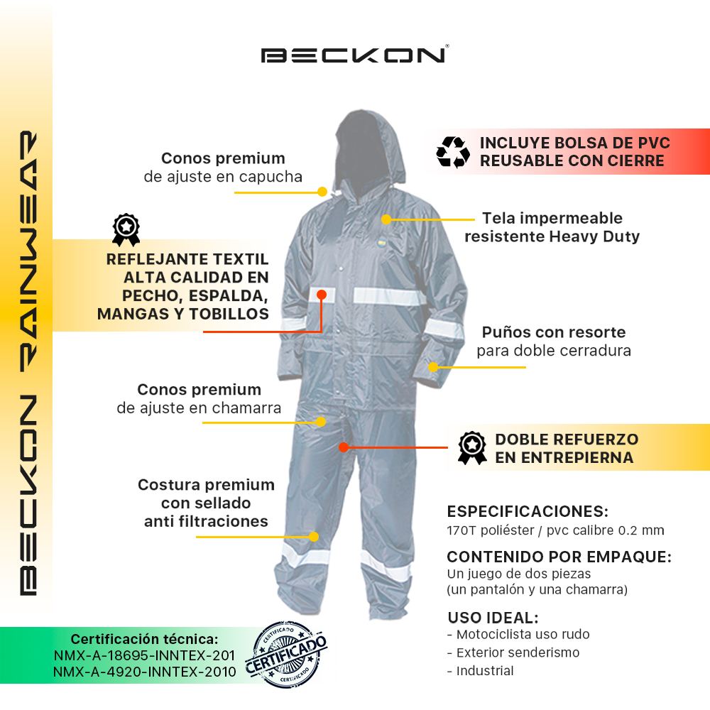 Impermeable para lluvia Motociclista Seguridad Industrial Beckon BK105 Reflejante Para Uso Rudo Doble Refuerzo En Entrepierna.