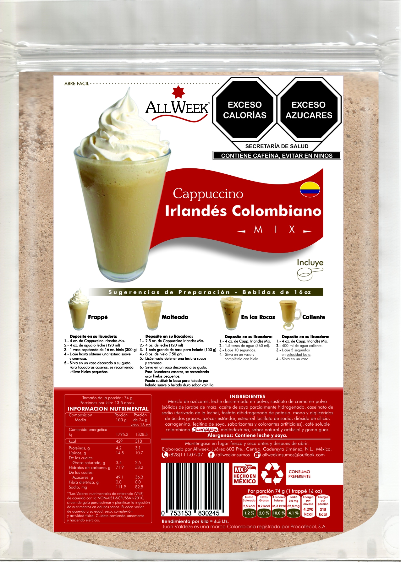 Cappuccino Irlandés Colombiano 1kg (frappé Mix/ Base Polvo)