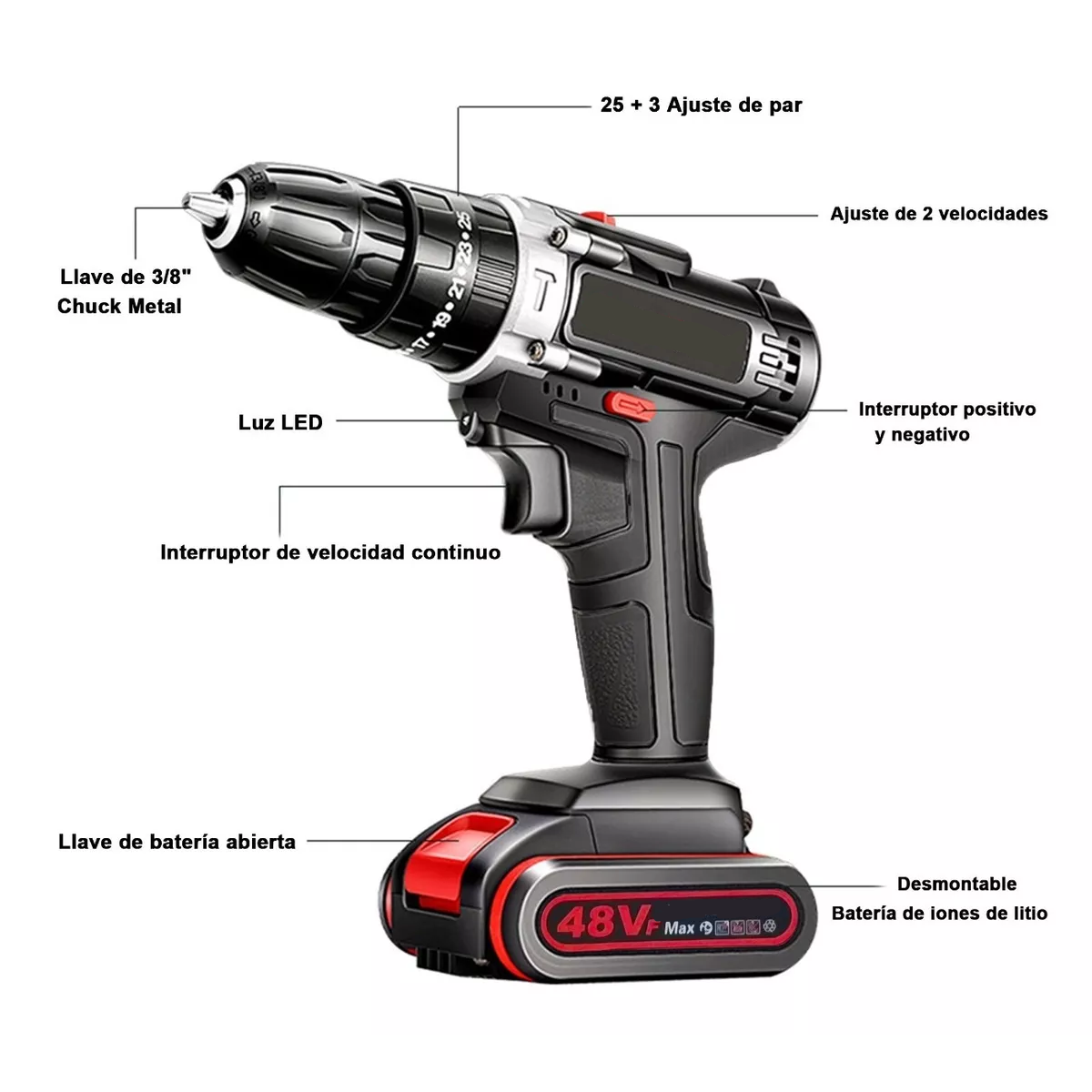 Taladro Eléctrico Inalámbrico Impacto 48v 1200rpm Negro