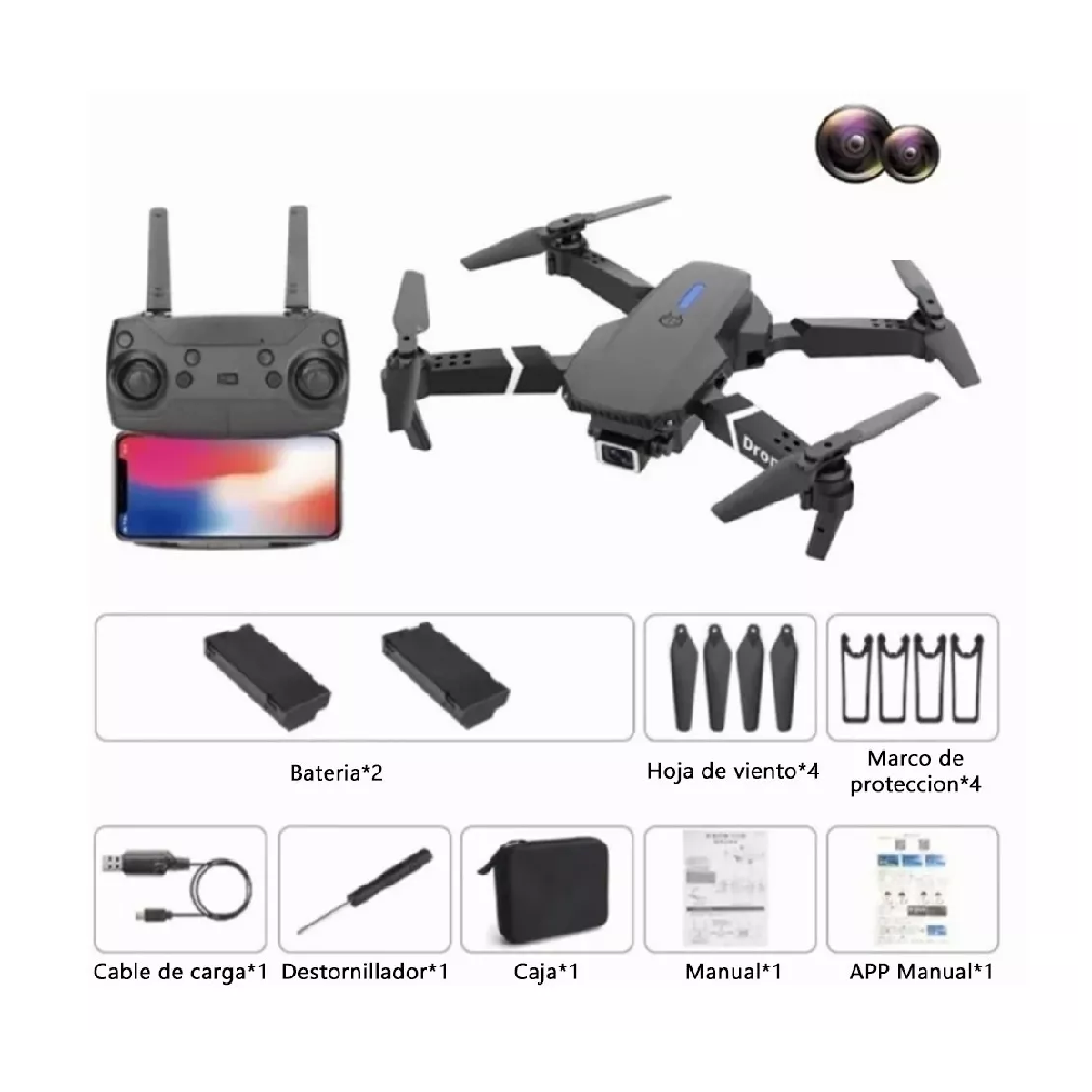 Control Remoto Drone Con Par Cámara 4k Quadcopter + 2batería