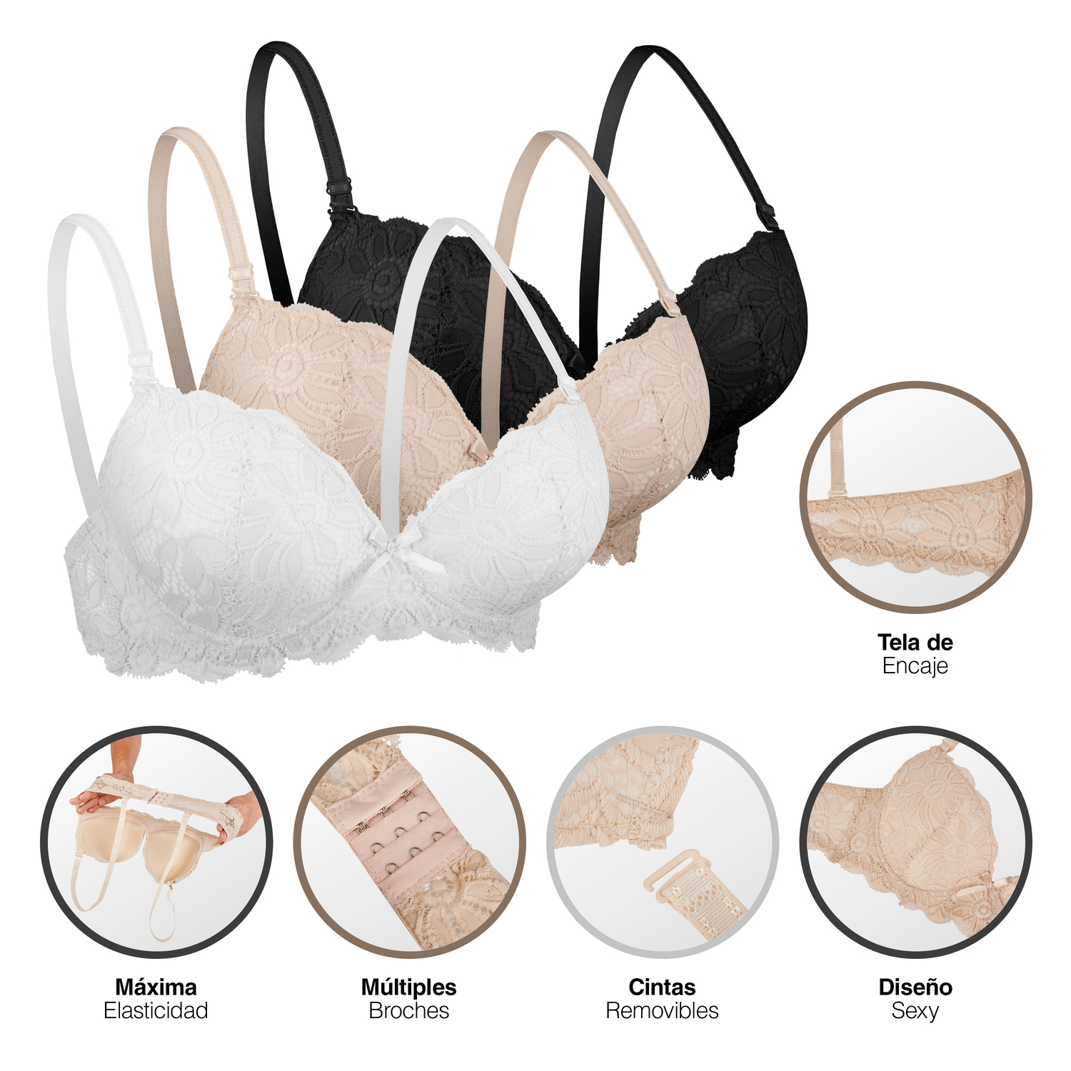 Brasier Paquete 3 Piezas Encaje Sexy Floreado Con Relleno