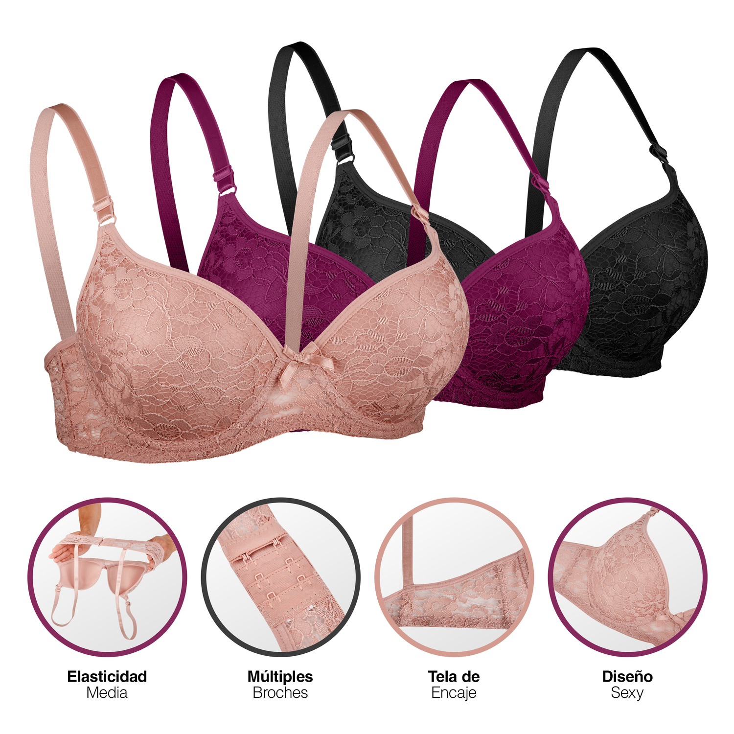 Brasier Paquete 3 Piezas Encaje Sexy Floreado Y Confort