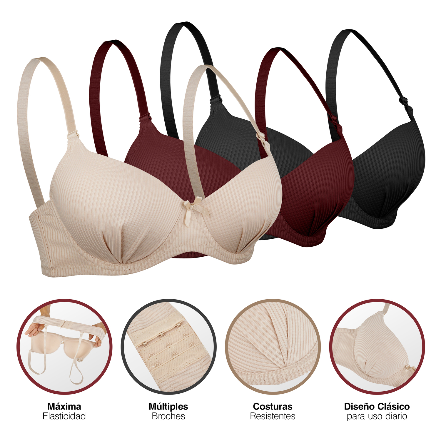 Brasier Paquete 3 Piezas Clásico Variedad Colores Y Confort