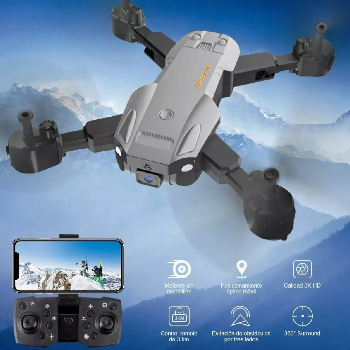 Control Remoto Drone Con Par Cámara 8k Quadcopter Y 2batería Gris 1
