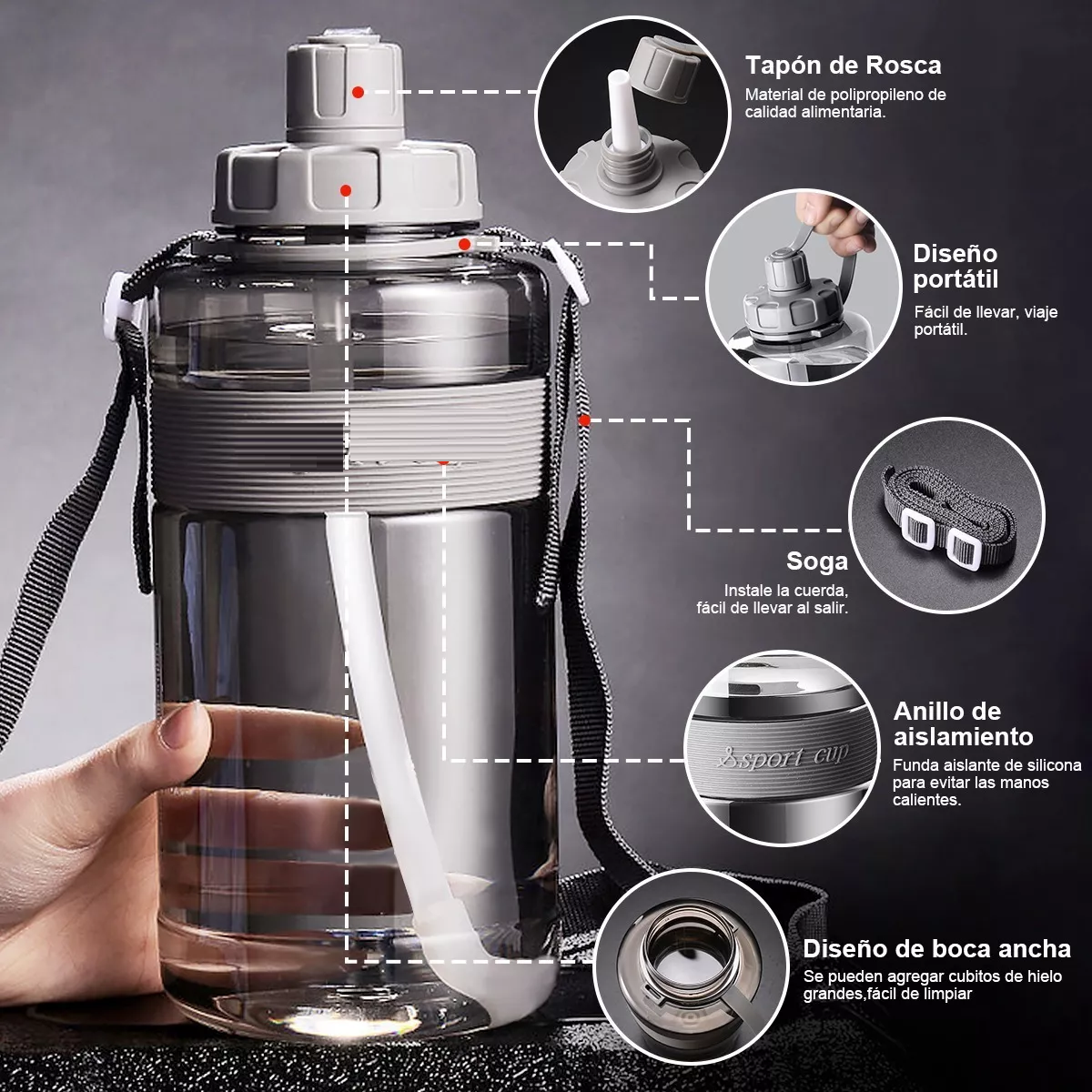 Bote De Agua 2 Litros Botella Para Agua Deportiva Portatil