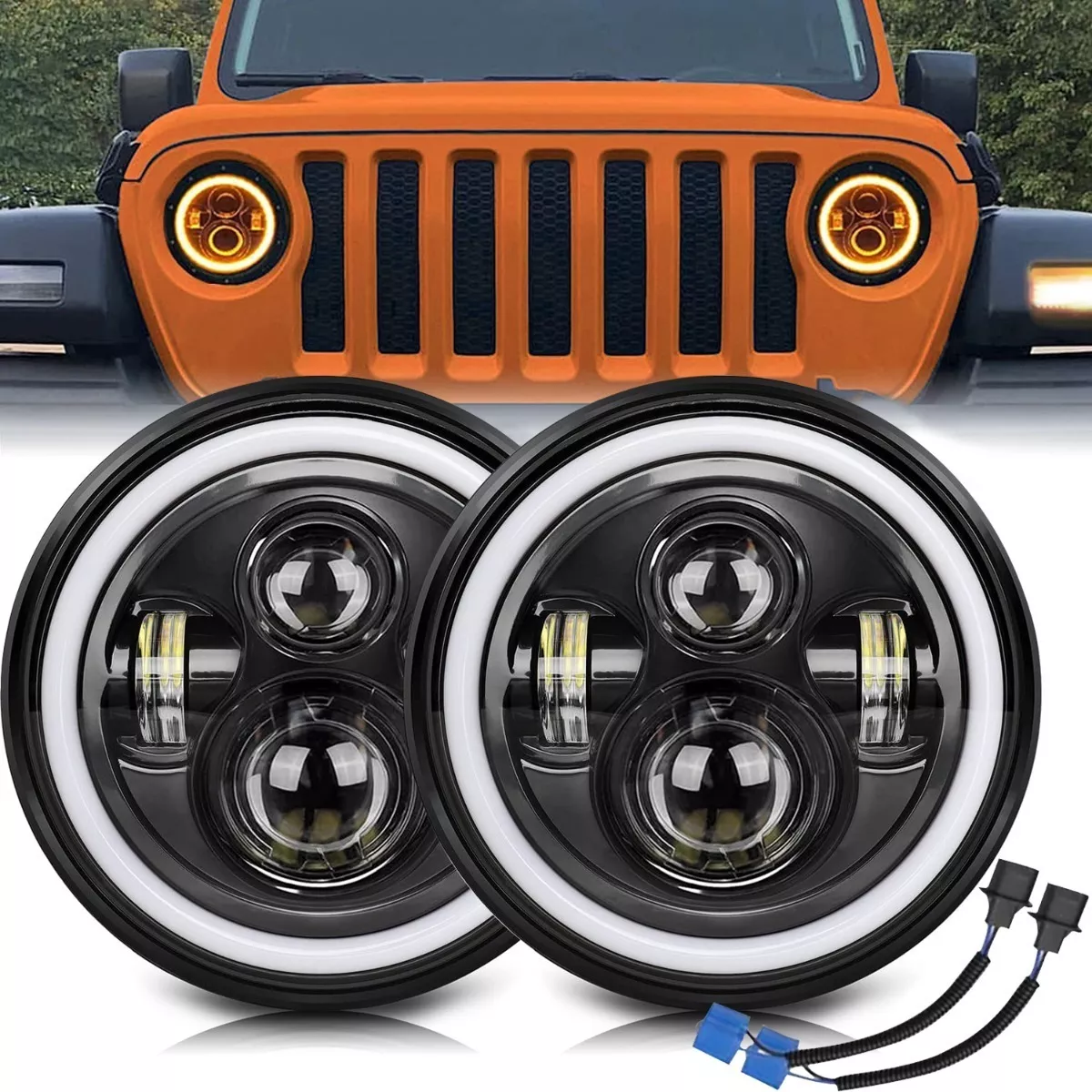 Par 7'' Faros H4 Led Ojo De Ángel Para Wrangler Jeep Vocho