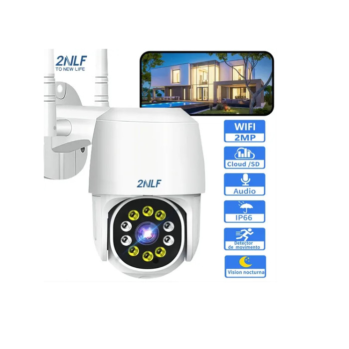 Cámara de vigilancia wifi, rotación PTZ, HD a color, con iluminación LED y visión nocturna infrarroja.