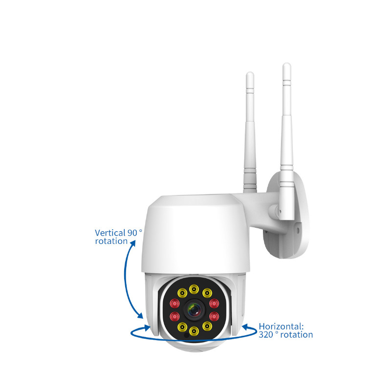 Cámara de vigilancia wifi, rotación PTZ, HD a color, con iluminación LED y visión nocturna infrarroja.