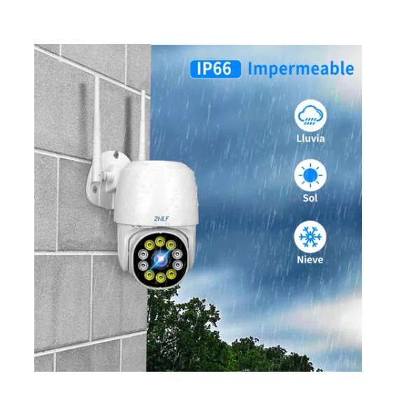 Cámara de vigilancia wifi, rotación PTZ, HD a color, con iluminación LED y visión nocturna infrarroja.
