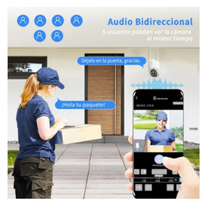 Cámara de vigilancia wifi, rotación PTZ, HD a color, con iluminación LED y visión nocturna infrarroja.