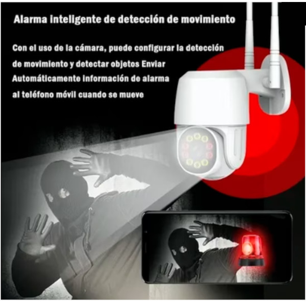 Cámara de vigilancia wifi, rotación PTZ, HD a color, con iluminación LED y visión nocturna infrarroja.