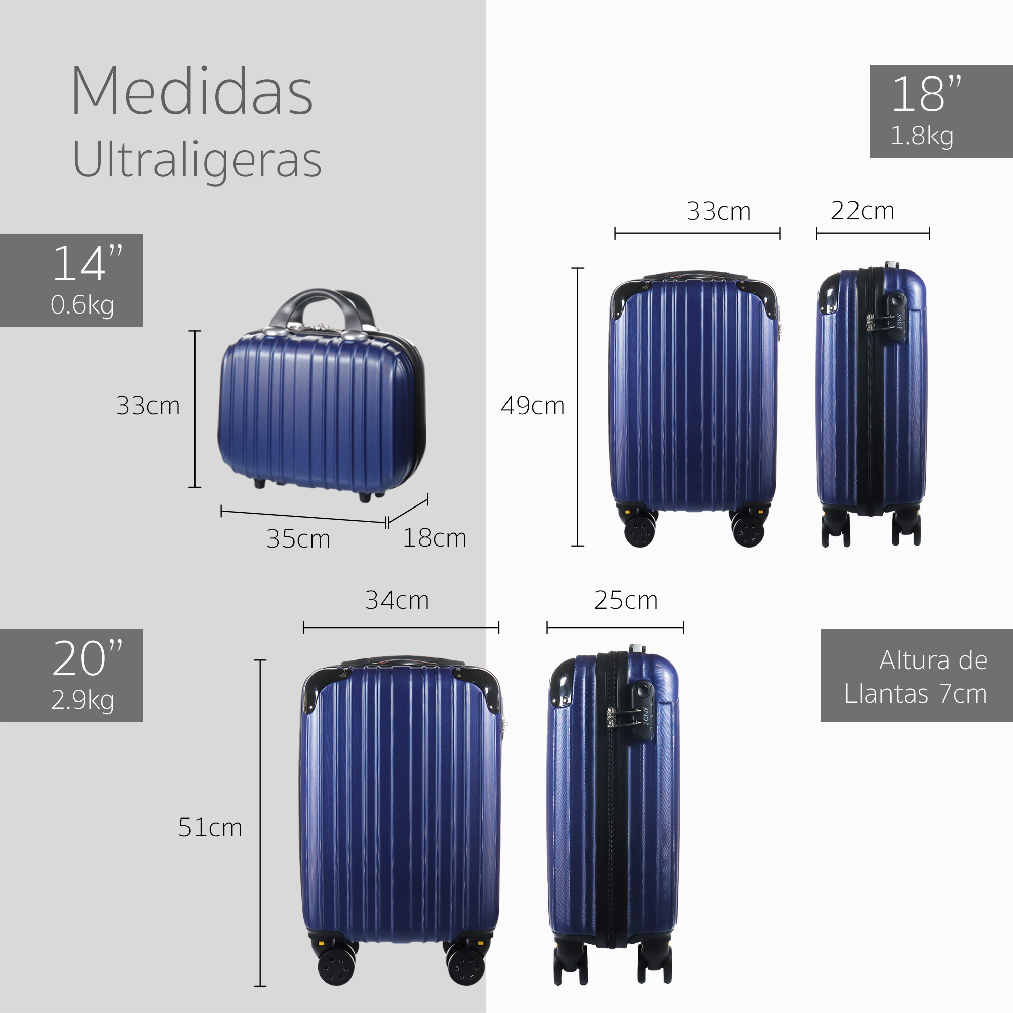 Set Maletas de Viaje Rígidas con Ruedas 360  Equipaje de Mano color azul.