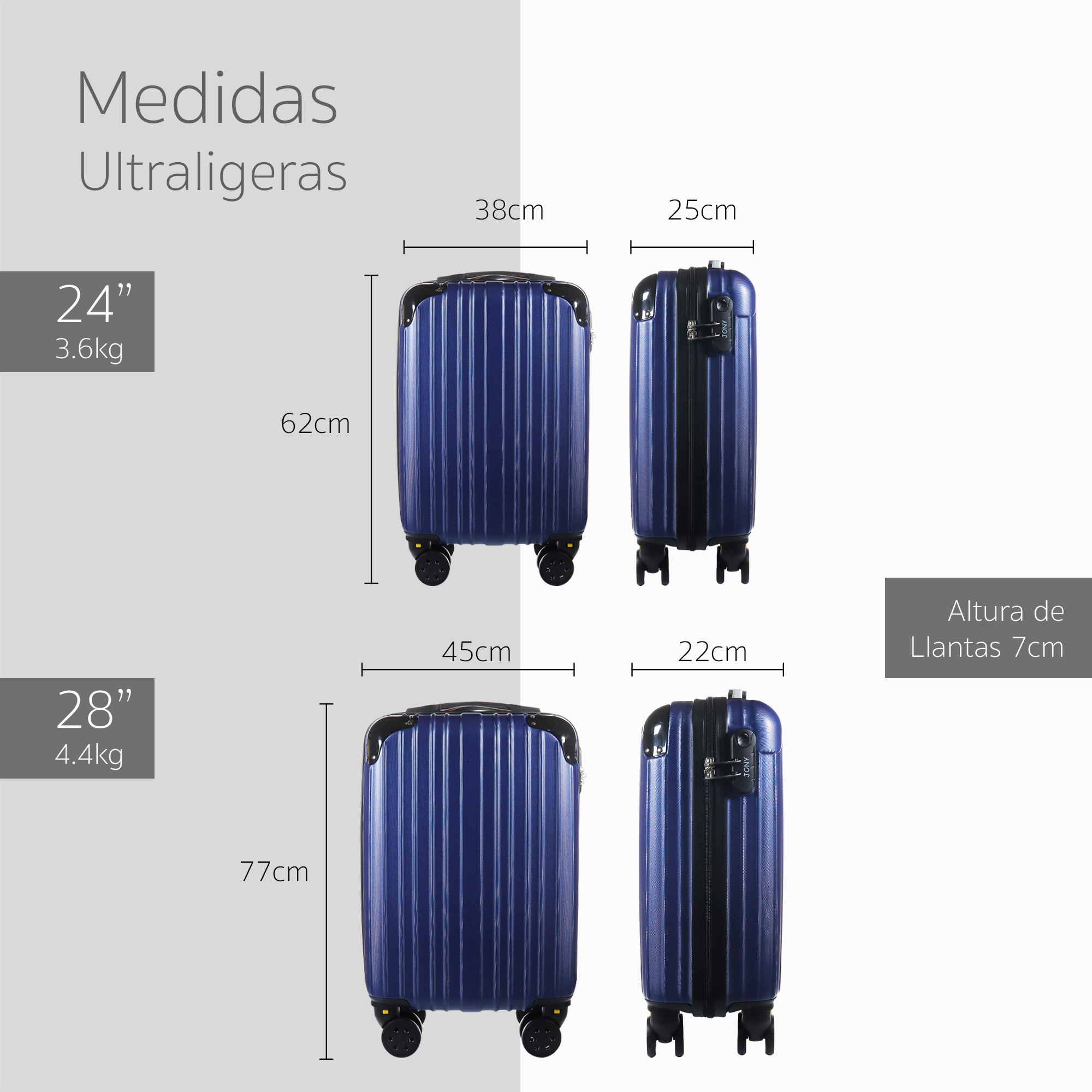 Set Maletas de Viaje Rígidas con Ruedas 360  Equipaje de Mano color azul.