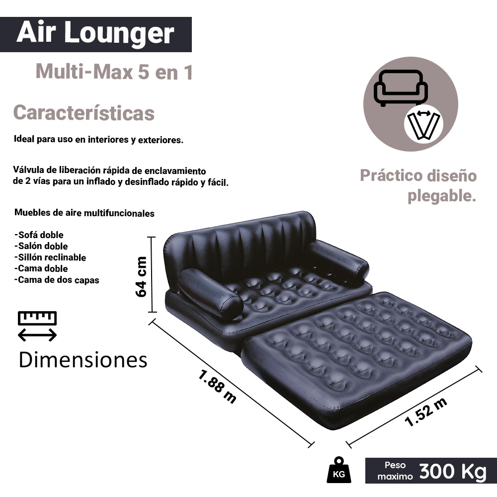 Sillon Inflable Sofá Cama Bestway 188 Cm Multiusos 5 En 1