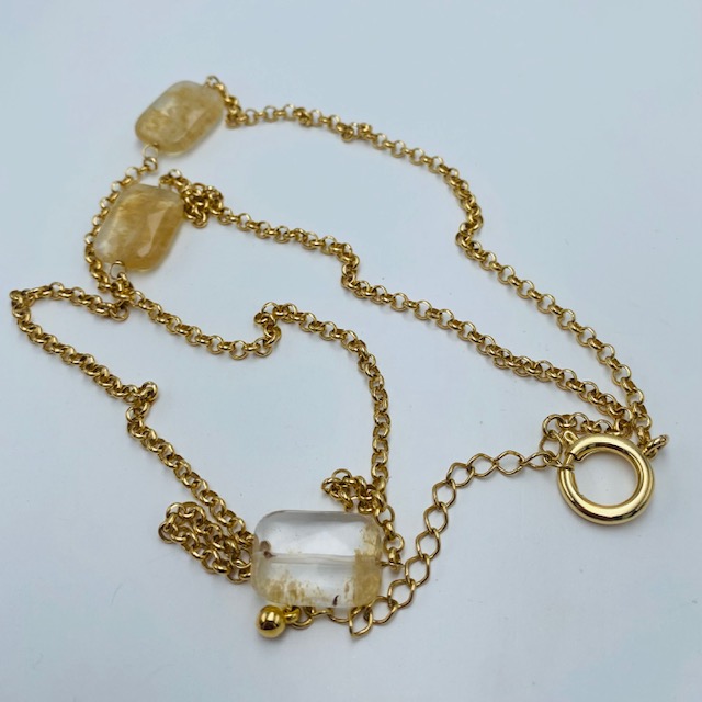 Collar Largo con aretes de regalo- Baño de oro 18K- Piedra Cuarzo rutilado- Conjunto de joyeria
