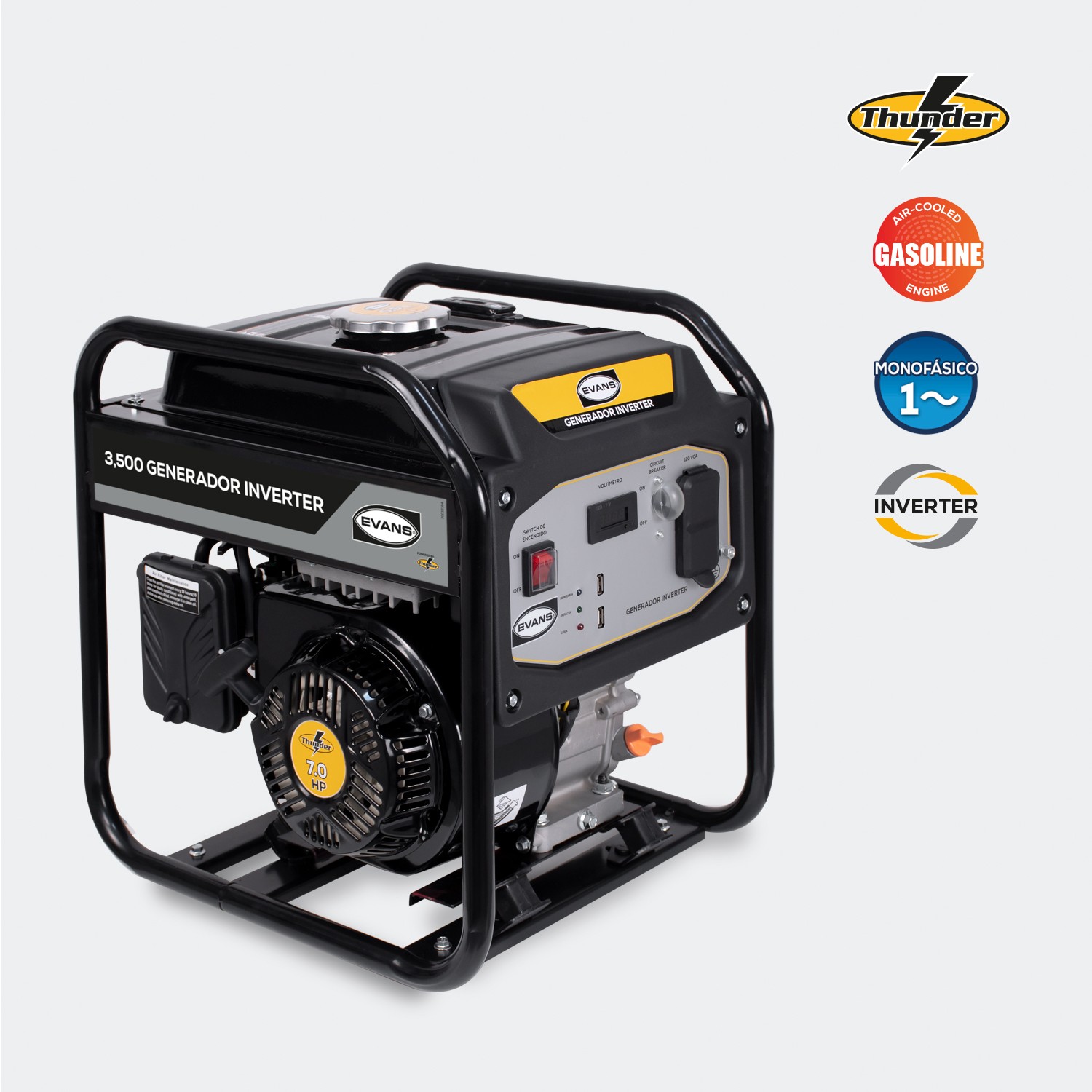 Generador Monofasico Evans de 3.5 kVA pico con motor a gasolina Thunder 7 HP