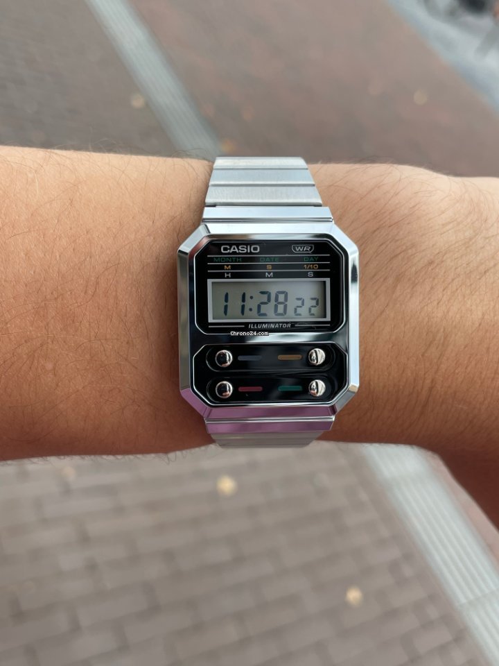 Reloj unisex Casio A100we Vintage Alien Ripley Cronómetro Luz Led correa de acero inoxidable