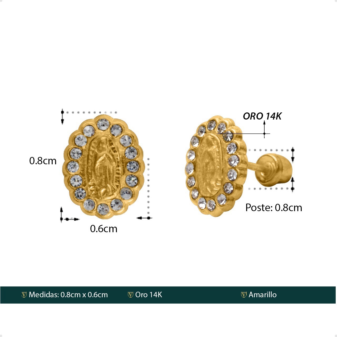 Aretes Broqueles Virgen Guadalupe VAROURO Oro 14k Zirconia + Estuche