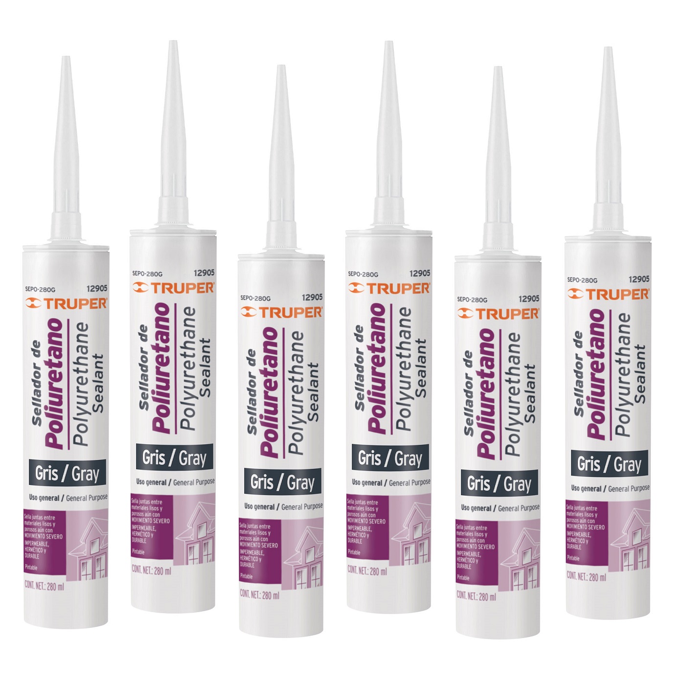 Sellador de poliuretano de 280 ml, gris, Truper Uso General 6 PIEZAS