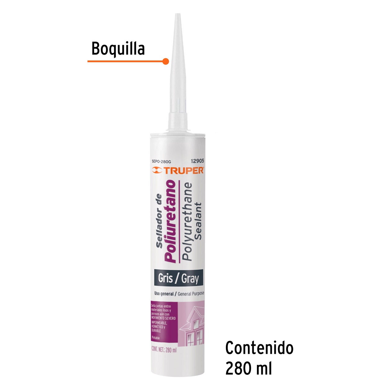 Sellador de poliuretano de 280 ml, gris, Truper Uso General 6 PIEZAS