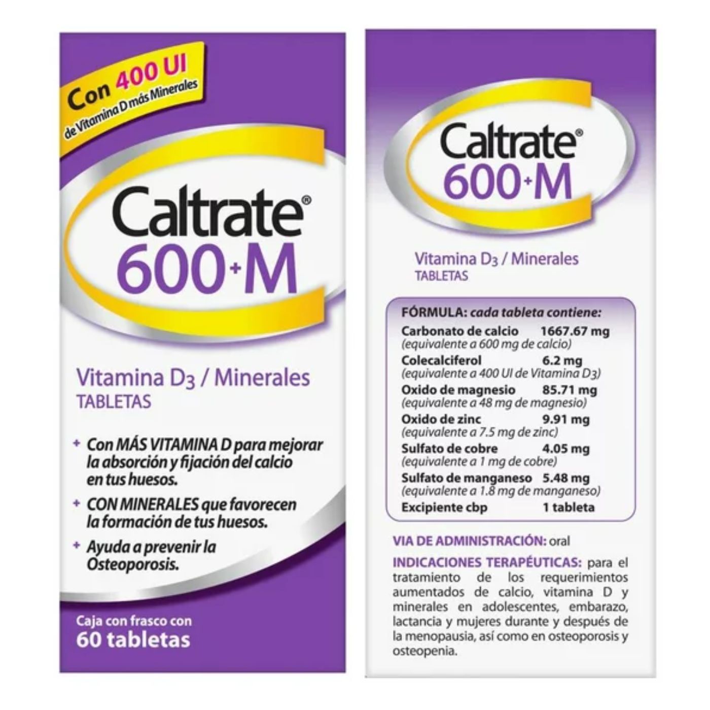 Caltrate 600 + M Vitamina D3 Minerales Paquete 2 Cajas de 60 Tabletas