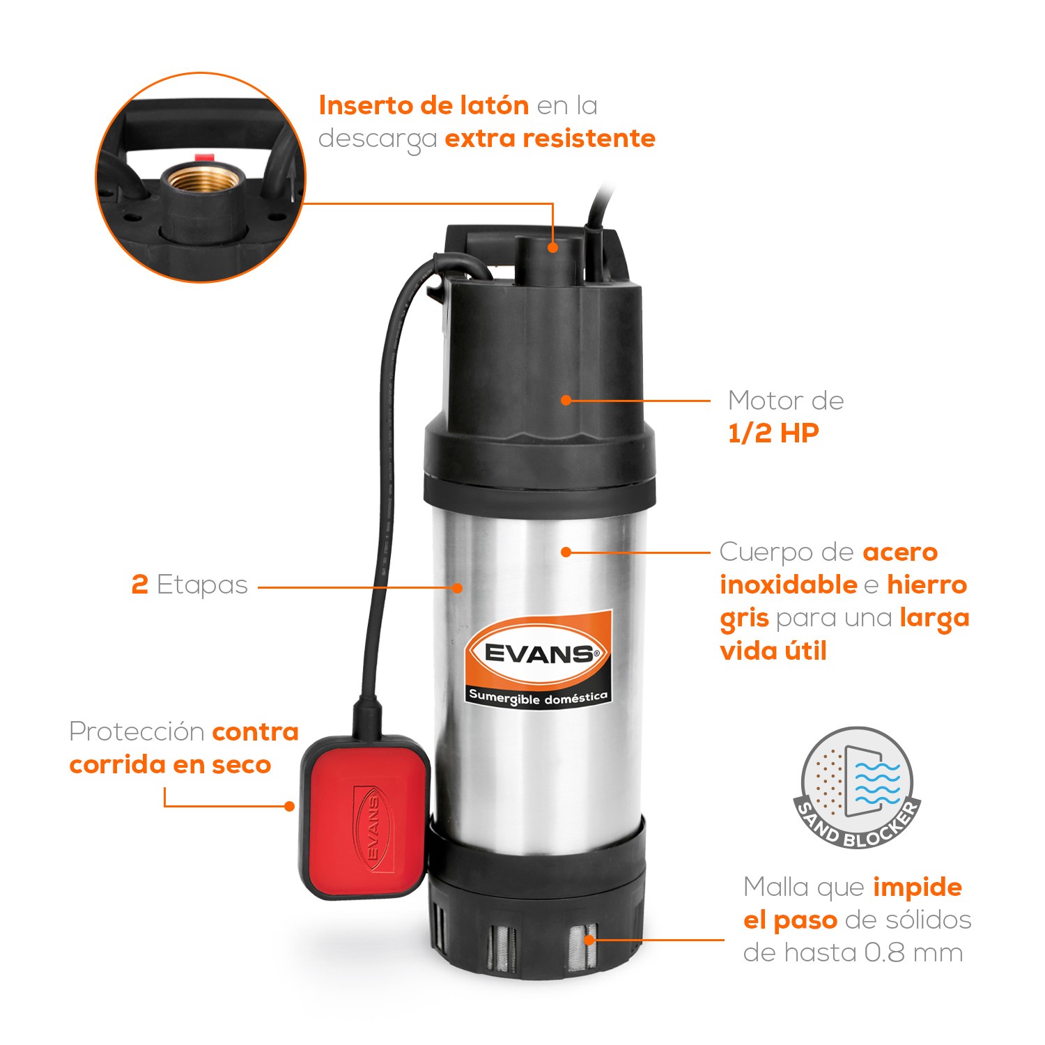 Bomba sumergible doméstica Evans 1/2Hp multietapas de cisterna 12GPM, monofásica 127V