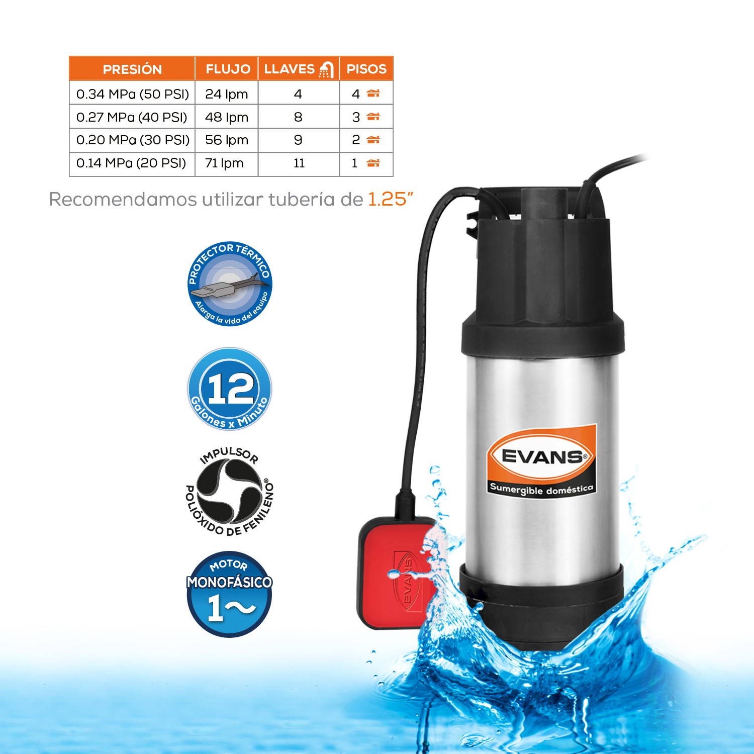 Bomba sumergible doméstica Evans 1Hp multietapas, con flotador puede trabajar a una presión 30-50 PSI, monofásica 127V 