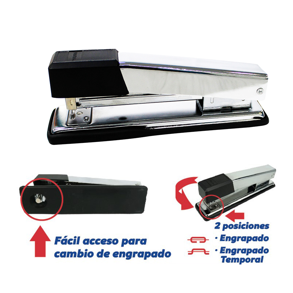 Grapadora Metálica Tira Completa, 25 Hojas de Capacidad, Usa grapas 26 y 24/6 mm, Plata