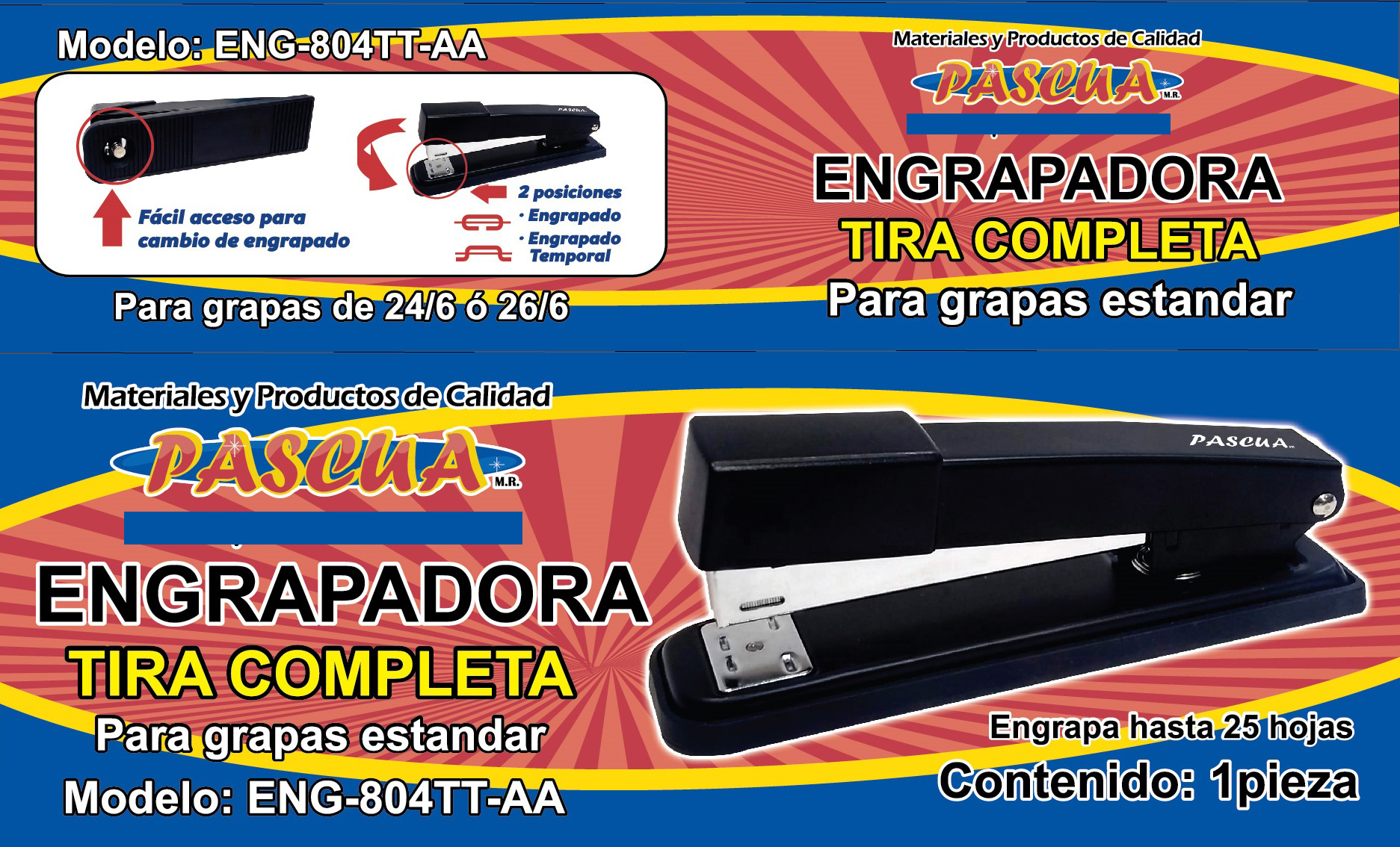 Grapadora Metálica Tira Completa, 25 Hojas de Capacidad, Usa grapas 26 o 24/6 mm, Negra para oficina, casa, papeleria y escuela